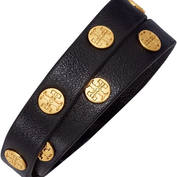 Tory Burch miller raised logo in goldplate, black leather double wrap bracelet. - Picture 8 of 8